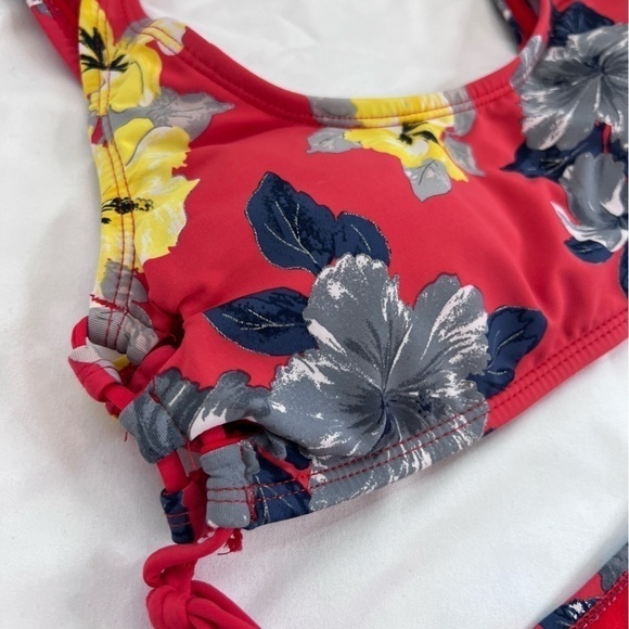 2pc Bikini swim suit, adjustable side ties with tassels red floral print - Picture 3 of 5